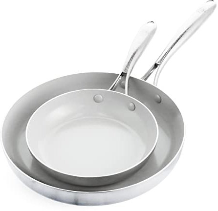 GreenLife Tri-Ply Stainless Steel Healthy Ceramic Nonstick, 8 and 11 Frying Pan Skillet Set, PFAS-Free, Multi Clad, Induction, Dishwasher Safe, Oven Safe, Silver