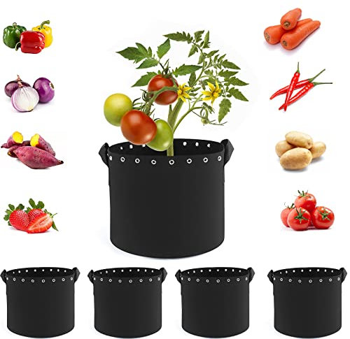 HOSECES 5 Gallon Plant Grow Bags, 5-Pack Thickened Non-woven Aeration Fabric Pots with Handles and Holes, 19 litres Plant Fabric Containers (5-Pack 5 Gallon)