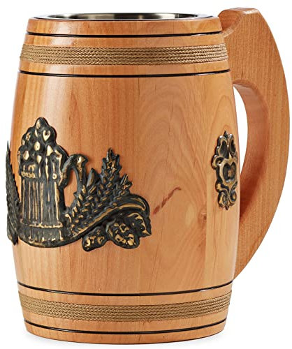 Bierkrug aus Holz, handgefertigt, echte Eiche, 0,5 l, Fassungsvermögen, hellbraun, mittelalterliches Holz, Bierkrug Stil, Tassen Geschenk für Ihn, einzigartiger Wikinger-Trinkbecher, rustikaler