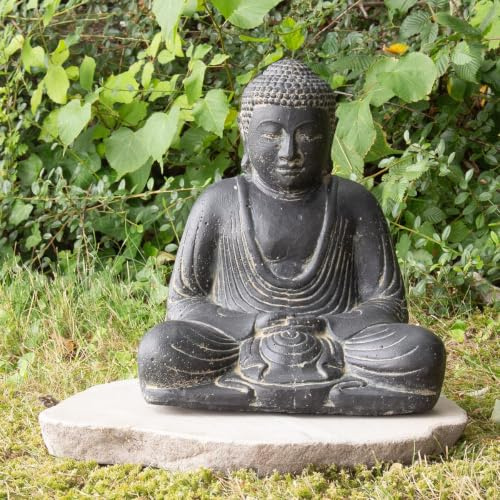 Oriental Galerie Japan Buddha Figur sitzend Skulptur Lotussitz Meditationsgeste Stein Lavasand Bali Steinfigur Garten Deko 20 cm