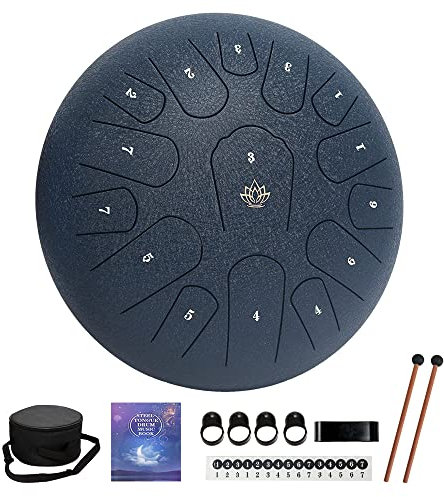Yasisid Stahl Zunge Drum 12 Zoll 15 Noten Musikinstrumente Handpan Drum Percussion Instrument mit Softbag Notenbuch und 2 Schlägeln für Meditation oder Yoga (Navy Blue)