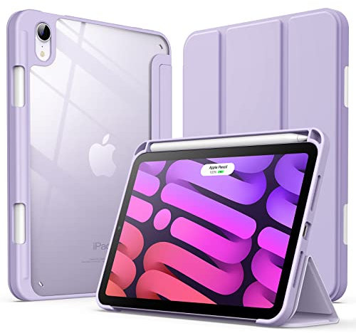 JETech Case for iPad mini (A17 Pro, 2024 Model, 7th Generation) / mini 6 (2021 Model, 6th Generation) with Pencil Holder, Clear Back Shell Slim Stand Tablet Cover, Auto Wake/Sleep (Light Purple)