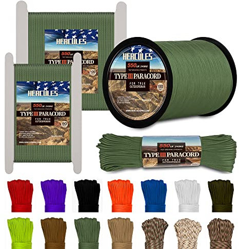 HERCULES 550 Paracord 4mm Type III 7 Strands Parachute Cord, 50' Olive Green Utility Rope for Crafting, DIY, Camping, Survival, Outdoor