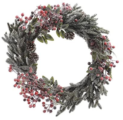 dekorativer weihnachtlicher Dekokranz Türkranz Kunsttanne mit gefrosteten roten Beeren und Natur-Zapfen komplett fertig dekoriert