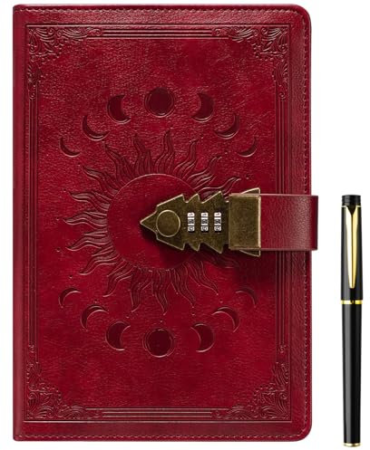 Tagebuch mit Schloss für Frauen/Männer, geheimes Tagebuch für Mädchen, A5 Notizbuch mit Stift Set, nachfüllbares Leder Journal Schreiben Notizbuch mit Stift, Größe A5(8.5 × 5.9 Zoll) Wein rot