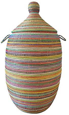 Wäschekorb Afrika - S/M/L/XL/XXL - Das Original aus dem Senegal - Afrikanischer Flechtkorb mit Deckel - Fair Trade Korb für Bade- / Wohn- & Kinderzimmer (XXL, Stripes Bunt)