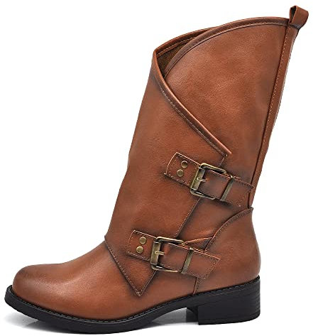 IF Fashion Scarpe da Donna Stivali Stivaletti Biker Fibbie Anfibi Polpaccio Largo YY-58 camel N.40