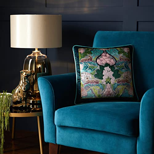 Laurence Llewelyn-Bowen Velvet Cushion with Filling – Teal Jungle Print with Leopard Design – 43x43cm Luxury Throw Pillow with Piped Edge – Montrose Collection – Bold Accent for Sofa or Bed