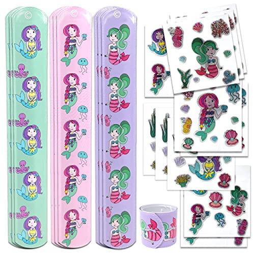 TOBJA Meerjungfrauen-Schnapparmbänder und Sticker-Set für Kinderpartys und Geburtstage - 10 Armbänder und passende Sticker-Sets im wunderschönen Design