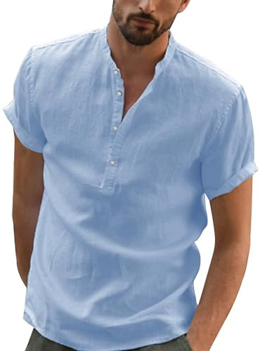 YAOBAOLE Chemise Lin Homme Manches Court Chemises Bleu Ciel pour Hommes Chemisette Col Mao Homme Casual T Shirt Vetement Été pour Hommes Bleu Ciel XL
