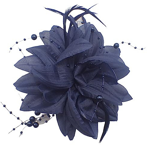 Topkids Accessories Fascinator Flower Hair Clip Beaded Wedding Fascinator Hat Attached To Brooch Pin & Clip For Women, Ladies, Girls (Navy)