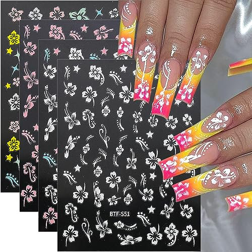 8 Blätter 3D Bunt Blume Nagelsticker,Hohle Weiß Hibiskus Blumen Nail Sticker Blühend Rosa Hibiskus Blühend Blatt Nagelsticker Selbstklebend für Frauen Nagelaufkleber Nail Art Nageldesign Nägel Zubehör
