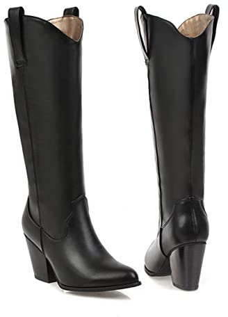 Donna Stivali da Cowboy Occidentali a Tacco Basso in Pelle Antiscivolo con Punta a Punta,Black pu,34 EU