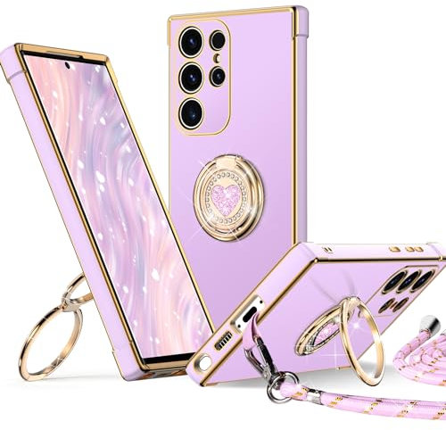 XYZ Cover per Samsung Galaxy S23 Ultra, con Supporto ad Anello Doppio Cuore, con Cordino per Ragazze e Donne, Cover Protettiva di Lusso Carina e Scintillante per Samsung S23 Ultra, Viola