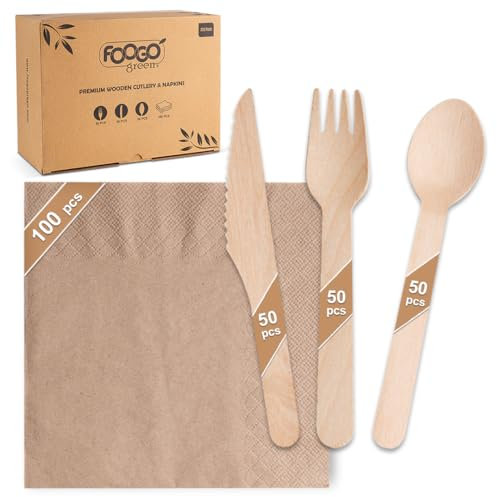 FOOGO Green 250pcs Disposable Wooden Cutlery and Unbleached Brown Napkins, FSC® Certified, 50x Forks, 50x Knives, 50x Spoons,100x Brown Napkins, 2Ply Strong Paper Serviettes, Biodegradable Cutlery Set