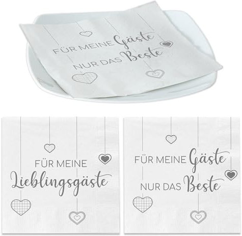 Murago - Servietten 40er-Set Für Meine Lieblingsgäste & Für Meine Gäste nur das Beste ca.33x33cm - Motiv Dekoration Papierservietten Herz Mtoiv mit Spruch Weiß Grau Silber