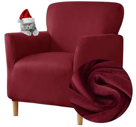 Highdi Stretch Sesselhusse - Elastische Samt Sofaüberzug für Clubsessel Mit Armlehne - Weicher Sesselschoner Sitzbezug Hussen (Rot)