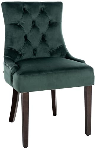 CLP Poltrona Pranzo Aberdeen Stile Chesterfield in Velluto E Legno caucciù I Sedia Soggiorno Imbottita con Alto Schienale, Colore:Verde Scuro, Colore del Telaio:Antico