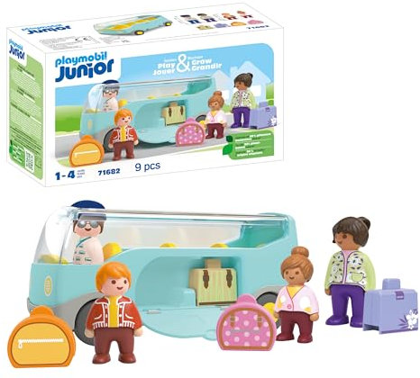 Playmobil 71682 Junior : Autocar de Voyage - Comprenant des pièces de Bagages et Quatre Figurines - Jouet fabriqué à partir de matière d'origine végétale - Dès 12 Mois