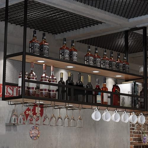 JCAKES Porte bouteilles Étagère flottante de Bar Vintage industriel avec 4 lumières, porte-bouteille de vin suspendu monté au plafond à 2 couches, support à Champagne Rack