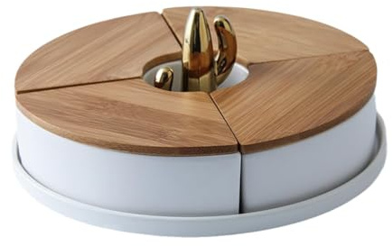 QPZK Ceramic Appetizer Serving Tray With Wood Lid, Divided Serving Tray, Divided Serving Platters for Relish Dishes, Removable Serving Dishes for Chips and Dip White