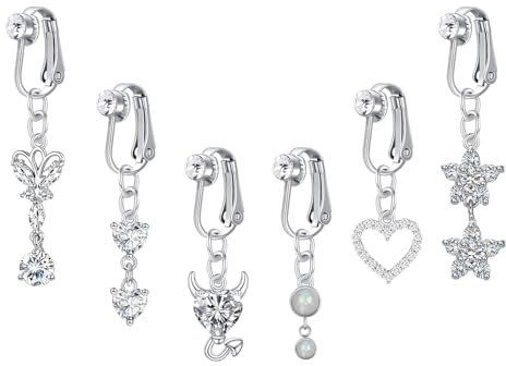 QSKISS Faux piercing de nombril à clipser en acier chirurgical avec cœur papillon, Acier chirurgical