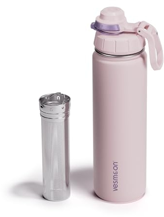 Vesmoon Vessence 24 Oz Stainless Steel Tea Infuser Bottle for Loose Leaf Tea, Water, Herbs, Fruits - Triple Layered Insulated, Leak Proof Bottle with Lid and Clip Handle - 24 Hours Hot/Cold