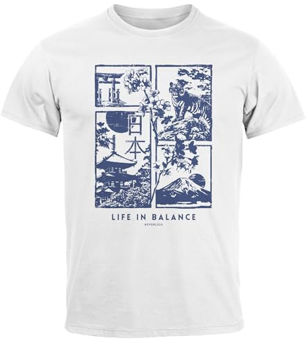 Neverless® Herren T-Shirt Japan Fuji Motiv Grafikshirt Life in Balance Asien Style Fashion Streetstyle