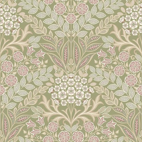 Arts Floral Sage Green Wallpaper - Flowers Leaves Botanical Naturistic - Textured Stylish Paste The Wall Vinyl