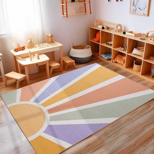 Carpettex Kinderteppich rutschfest | Multicolor Illustratives Sonne Design 120 x 170 cm | Kein Abwurf | Kurzflor und Waschbarer Spielteppich für Kinderzimmer für Mädchen und Jungen | Gelb, Lila