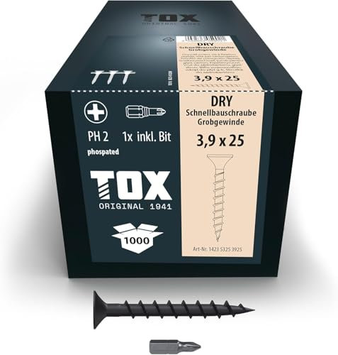 TOX Schnellbauschrauben DRY GG 4,2 x 65 mm, Schrauben schwarz phosphatiert mit Trompetenkopf + Grobgewinde, Gipskartonplatte auf Holz-Unterkonstruktion, PH2, 500 Stück, inkl. 1x Bit, 142353214265