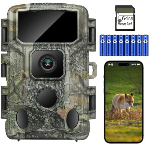 KJK WLAN Wildkamera 2.7K 48MP mit 64GB Speicherkarte, Wildtierkamera mit Nachtsicht, 0.2s Auslöser Bewegungsaktiviert, IP67 Wasserdicht 100ft 130° Weitwinkel