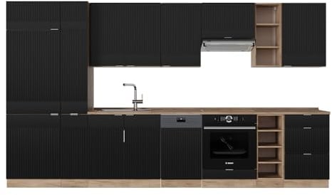 Vicco Küchenzeile Fame-Line, Schwarz gestreift/Goldkraft Eiche, 355 cm, AP Eiche, geeignet zur individuellen Erweiterung mit Zusatzmodulen