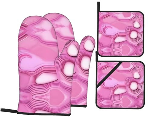 Poezjzw Rosa Quarz Ofenhandschuhe 4-teiliges Set ist rutschfest und verbrühungssicher, geeignet für Heimbacken, Grillen und Mikrowelle
