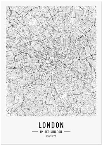 JUNOMI® London Poster 50x70 cm Wohnzimmer Deko, Modernes Wandbild, London Bild, Wandbild ohne Rahmen, Stadtplan Poster London, perfekte Geschenkidee für Londoner