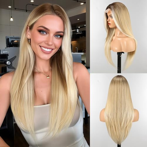 WOKESTAR Lange Perücken für Frauen Synthetisches hitzebeständiges Haar mit Fransen Natürliche Perücken für den täglichen Gebrauch Blond mit Strähnchen Farbe