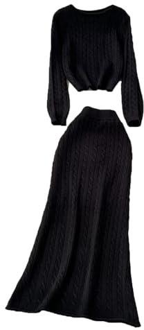 DBFBDTU Gestreifter Pullover, warme Anzüge für Damen, lange Ärmel, lockeres Oberteil + elastischer langer Rock, Stricksets, Schwarz , Einheitsgröße