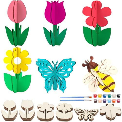 Fangoo 24 Stück 3D Blumen Holzbastelsets Unvollendete Holz Geburtstags Bastelset Enthält Blumen und Insekten Ausgestattet mit 12 Farbigem Acrylpigment für DIY Geburtstag Handwerk Bemalen