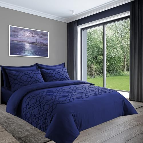 LYMA Bedding Duvet Cover Set Single Geometric Tufted, OEKO-TEX Certified, Ultra Soft NanoPlush Double Brushed Quick Dry & Button Closure, Wrinkle Fade Resistant Quilt Cover with Pillowcases (Navy)