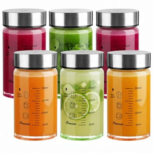 poweco Glasflasche 300ml mit Deckel - 6er Pack, Trinkflasche Glas & Saftflasche aus Borosilikatglas - Smoothie & Shaker Becher - Zum Befüllen - BPA-Frei