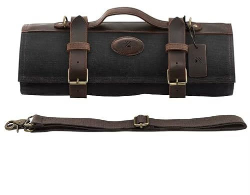 KAAMUT Professional Knife Bag – Knives Foudral - Roll-up - 12 Knife Pockets | 2 Zipper Pockets - Waxed Canvas & Authentic Leather - Large Size - Gift Box