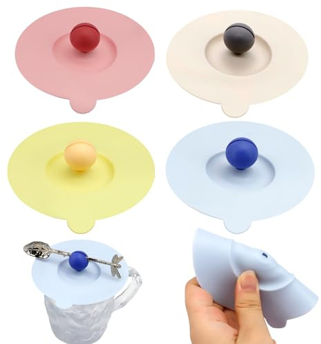 WRENYZK 4PCS Silicone Glass Cup Covers , Reusable Anti-dust Cup Covers with Spoon Slot, Food-grade Silicone Drink Glass Cup Lids, Creative Round Lid for Drinks, Mug, Tea, Beer(4 Colors)