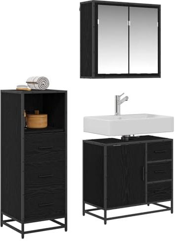 vidaXL Bathroom Furniture Set 3 pcs Black oak 35 x 37.5 x 100 cm, Ample Storage, Industrial Bathroom Set with Rectangular Design, Modern Organization and Functional Furniture, Matte Finish