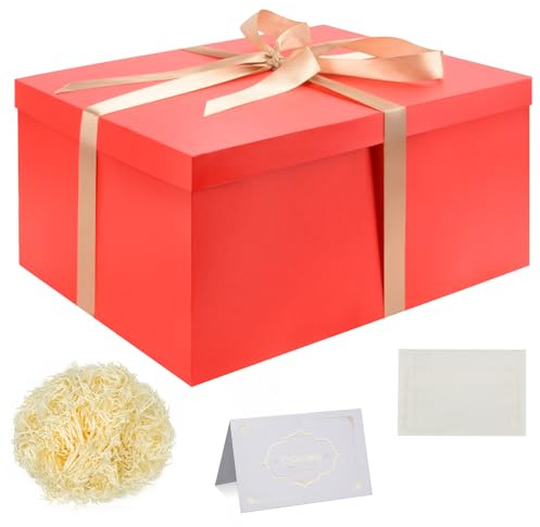 Geschenkbox Set, Rot Geschenkboxen mit Deckel 38 x 28 x 19 cm Groß Geschenkbox mit Schleife Geschreddertes Seidenpapier Grußkarten für Weihnachten Geburtstag Hochzeitstag
