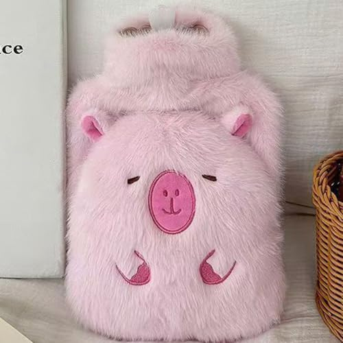Capybara Plush Hot Water Bottle,1L Leakproof Large Hot Water Bag, Soft Cute Animal Bear, Furry Fluffy Aldult Kids Hot Water Bottle with Cover, for Hand Feet Warmer Neck Shoulder Pain Relief Pink