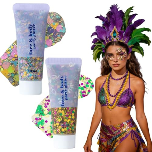 2 Flacons de 50ml Gel Paillettes Holographiques Gros Grains pour Visage Corps Cheveux Ongles, Maquillage Fête Imperméable Longue Tenue pour Halloween Carnaval Mariage, Couleurs Carnaval