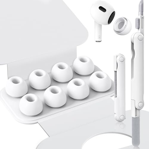 Flintronic 4 Sizes of Ear Tips Compatible with Airpods Pro 3, Anti-Slip Soft Silicone Airpods Pro Replacement Earbuds with Cleaning Set, Storage Box & Dense Dust Guard Screen (4 Pairs,XXS/XS/S/L)White