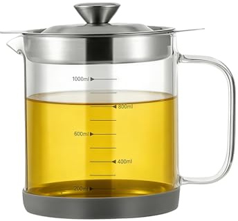 HAOHEJIA Glass Bacon Grease Container with Strainer, 1L Cooking Oil Storage Can with Lid, Filter & Silicone Pad, Heat Resistant Borosilicate Glass Used Oil Saver for Kitchen Reuse