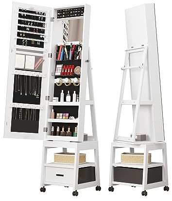 GarveeMore Armoire à Bijoux sur Pied pivotante 360° avec Miroir Pleine Longueur - Verrouillable - Grand capacité, tiroir Bas, étagères arrière, roulettes - Blanc (White)