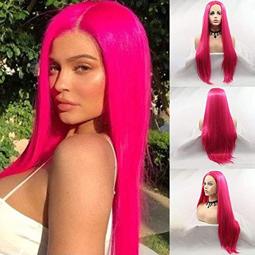 KARISSA Kylie Jenner Frisur Rose Red Lange synthetische Lace Front Perücken für Frauen Dark Pink Lace Perücke mit Mittelteil Glueless Hitzebeständige Faser Haar Ersatz Weiche Perücke
